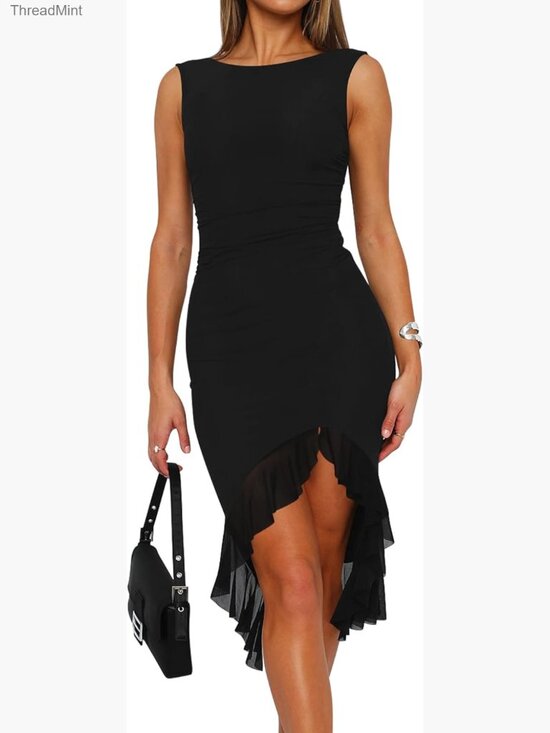 Dresses & Skirts - Sleeveless Ruched Bodycon Midi Dress with Ruffle Hem, Backless Cocktail Dress